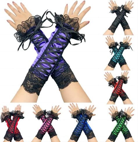 Specell Fingerless Satin Gloves Long 13" Lace Fingerless Gloves Women For Bridal Prom Wedding Party Costume Accessories Glove in Kuwait