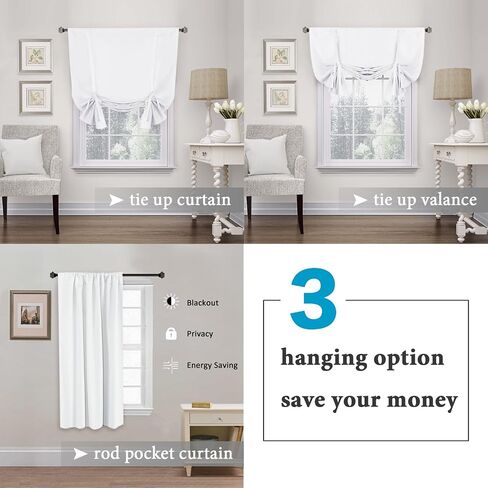 H.VERSAILTEX Pure White Curtain Thermal Insulated Tie Up Window Shade Light Blocking Curtains for Bathroom, Rod Pocket Panel- 42in Wide by 63in Long in Saudi Arabia