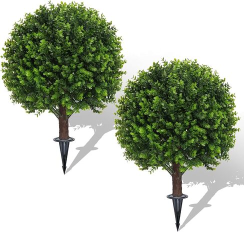 Set of 2 Artificial Rose Boxwood Topiary Ball Bush for Outdoor with Ground Spike 22", UV Resistant Faux Greenery Shrubs, Fake Rose&Green Boxwood Plants for Garden, Yard, Porch, Patio Decor in Saudi Arabia