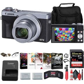 كاميرا Canon PowerShot G7 X Mark III الرقمية (أسود) (3637C001) + بطاقة ذاكرة سعة 64 جيجابايت + بطارية NB13L + برنامج Corel للصور + شاحن + قارئ بطاقات + حقيبة ناعمة + حامل ثلاثي القوائم مرن + المزيد (متجدد)