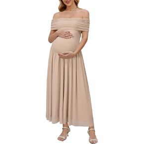 OUGES Women's Women 2025 قبالة شبكة الكتف Maxi فستان الأمومة لالتقاط الصور الفوتوغراف