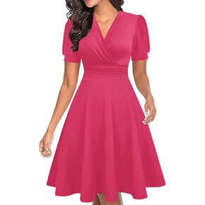 Women's Summer Casual Dress Short Sleeve Wrap V-Neck A-Line Dress Sundress Wedding Guest Cocktail Midi Dresses