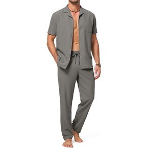 Men's Beach Outfit 2 Piece Casual Button Down Shirt Short Sleeve Loose Shirts and Pants Vacation Sets for Men