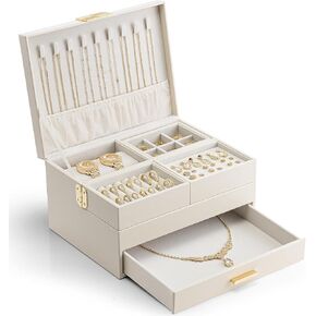 Vlando 3 Layer Jewelry Box - Women Jewelry Box with Retractable Tray - Jewelry Organizers with Drawer for Necklaces, Rings, Bracelets, Earrings, Gift for Couples Mom Girls - Could White