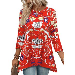 OFEEFAN TUNIC TOPS للنساء فضفاضة تناسب أنيمي 3/4 طول الأكمام من قمم المرأة مع HEM غير متناظرة S-4XL