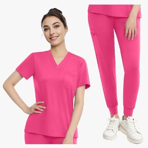 Medical Scrubs Set for Women - Classic V-Neck Top & Jogger Pants with Stretch Nursing Uniform Scrub Suit