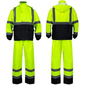 FONIRRA Class 3 High Visibility Rain Suit With Collapsible Hood Lime Reflective Safety Waterproof Worker Jacket & Pants (L/XL Yellow)