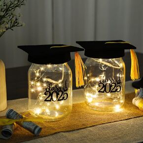 فئة زخارف التخرج من 2025-2pcs Cap Glass Jar مع قطع مركزية خفيفة تهنئة لوازم الحفلات للمدرسة الثانوية الكلية