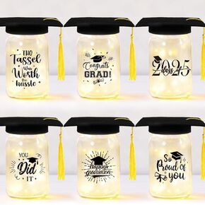 6 Sets 2025 Graduation Centerpieces for Tables, Glowing Mason Jar Centerpieces with Graduation Caps, Glowing Money Jars for College High School Congrats Grad Party Decor Supplies