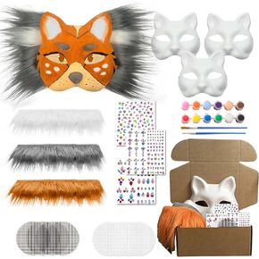 Therian Cat Mask Kit with Fur & Eye Mesk & Gem Sticker & 12 color Paint,Cat mask to Paint,Furry Animal Blank White Mask Arts Crafts Kit for Cosplay Halloween Christmas Party