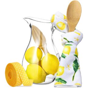 Honeydak 9 PCs هدايا الليمون للنساء ، تشمل 37 أوقية 37 أونصة الليمون من الليمون المزيف منشفة المطبخ من منشفة المطبخ الخشبية والربط الصفراء ، زخارف المطبخ الصيفي الصيفي وملحقاتها