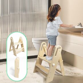 WOOD CITY Toddler Step Stool Foldable for Bathroom Sink, Adjustable 2 Step Stool Toilet Potty Training Stool with Handles,Child Kitchen Counter Stool Helper, Montessori Kitchen Stools (White) in Kuwait