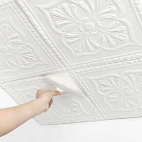 Dureidos 3D Peel and Stick Ceiling Tiles, 32 Pcs, White, Foam, Textured, Traditional, Floral Pattern, 13.8 x 13.8 inch, Waterproof, Covers 42 Sq.Ft