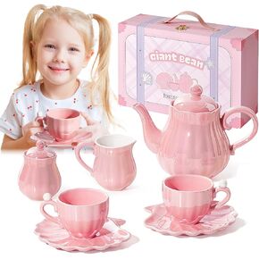 مجموعة شاي الخزف العملاقة الفاصوليا ، حفلة شاي Pearl Pink Real Tea For Little Girls ، British Royal Princess Series Teapot & Cup & Saucer & Sugar Bowl & Accase ، For Little Kids Choilers