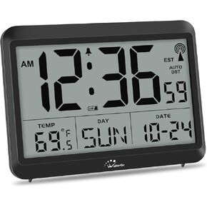 WallarGe Atomic Clock with Indoor Temperature and Humidity, 12.5 Inch Self-Setting Digital Wall Clock or Desk Clock, Battery Operated Digital Clock Large Display for Seniors, Auto DST
