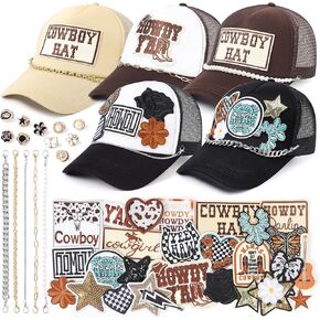 Meneng Western 2PCS Trucker Hats: قبعات Snapback Retro قابلة للتعديل مع بقع مطرزة 16pcs وسلاسل 2pcs - حزمة قبعة رعاة البقر العصرية DIY للارتداء اليومي Rodeo Country Show Brown/Khaki