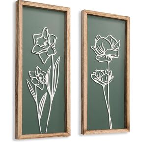 3D Floral Green Wall Art (Set of 2) Lightweight, Wooden Ready-to-Hang Boho Framed Wall Art for Bathroom, Bedroom, Living Room or Office – Premium Sage Green Farmhouse Decor – Gift-Boxed