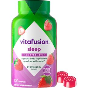 مكملات غلامية Max Max Vitafusion Max ، بنكهة الفراولة ، 10 ملغ من مكملات النوم من الميلاتونين ، العلامة التجارية فيتامين في أمريكا رقم 1 ، إمدادات 50 يومًا ، 100 عدد
