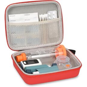 Hard Travel Case for Asthma Inhaler and Accessories, with Mesh Pocket for Medicine, Red