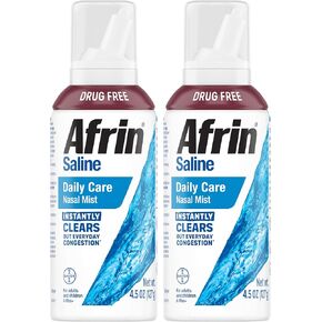 Afrin Saline Nasal Spray Twin Pack, 100% Drug Free, Saline Solution, Daily Care, Easy Mist, 4.5 OZ (Pack of 2)