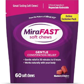 Mirafast Soft Phems ، من صانعو Miralax ، وإغاثة الإمساك اللطيفة في 30 دقيقة-6 ساعات ، ومسلسل سريع ، ملين ملحي خالي من المنشطات ، هيدروكسيد المغنيسيوم ، نكهة التوت المختلطة ، 60Ct