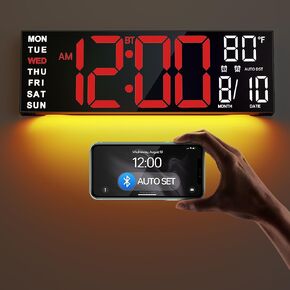 JALL 16.2" Large Digital Wall Clock with Bluetooth Sync, Alarm, Big LED, RGB Color, Auto DST, Temperature for Classroom Bedroom, Garage, Mount, Xmas, Birthday Gift for Aged Elderly Mother Father