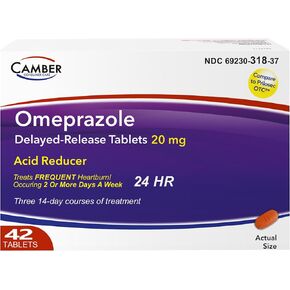 CAMBER OMEPRAZOLE 20mg أقراص تأخر الإصدار ، حرق المعدة وطب ارتداد مخفض الحمض (42 COUNT)