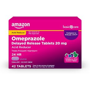 Amazon Basic Care Omeprazole Delayed Release Tablets 20 mg, Acid Reducer, Wildberry Mint Coated Tablet, Heartburn Medicine, 42 Count