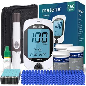 طقم مراقبة الجلوكوز في Metene TD-4116 ، 150 شريطًا للجلوكومتر ، 150 لانسيتات ، مراقبة نسبة السكر في الدم ، مجموعة اختبار السكر في الدم مع محلول تحكم ، جهاز محفور ، لا ترميز ، شاشة كبيرة