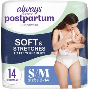 Always Discreet Postpartum and Adult Incontinence Underwear for Women, Size S/M, Maximum Protection, 14 CT