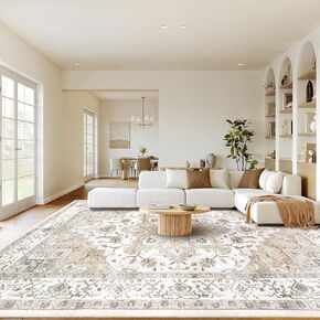 AMADA HOMEFURNISHING 8x10 Washable Area Rug, Low-Profile Large Area Rug with Non-Slip Backing & Durable Edge Binding, Vintage Large Rugs for Living Room, Bedroom, Dinning Room