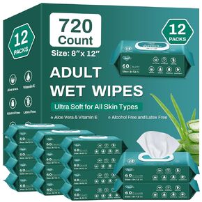 [720 Count] Adult Wipes for Incontinence, 8" x 12" Extra Large Wet Wipes for Incontinence & Cleansing, Body Wipes Bath Wipes - Disposable Washcloths for Elderly - Vitamin E & Aloe
