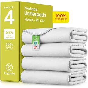 IMPROVIA® Washable Underpads, Heavy Absorbency Reusable Incontinence Pads for Kids, Adults, Elderly, and Pets - Waterproof Protection Floor (White & White, 4 Pack - 34"x36")