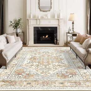 5x7 Area Rugs for Living Room, Stain Resistant Neutral Washable Rugs for Dining Rooms, Floral Vintage Non-Slip Thin Large Size Area Rug(Beige)