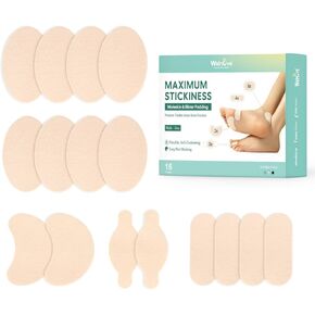 Welnove Moleskin Adhesive Pads for Feet,Blister Bandages for Feet, Mole Skin Patch for Feet Heels, Skin Tape Stickers for Feet - 16 Sheets of 4 Shapes