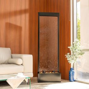 68 in H Freestanding Modern Indoor/Outdoor Waterfall Fountain w/Decorative Rocks, LED Lights & Auto-Shut Off Pump, Stainless Steel/Clear Glass, Silver in Kuwait