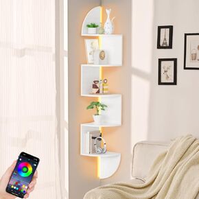 Corner Shelf, 5 Tier Bookshelf with LED Light, Corner Shelf Wall Mounted, Floating Shelves for Wall, Display Stand for Bedroom, Living Room, Bathroom, Home, Office, Black