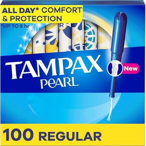 Tampax Pearl Tampons Regular Absorbency, With Leakguard Braid, Unscented, 50 Count (Packaging May Vary)