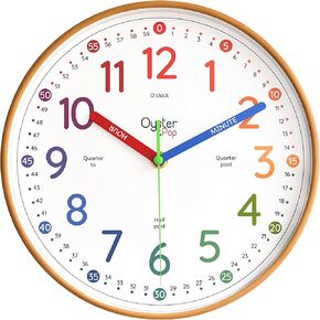Oyster & Pop Learning Clock للأطفال - صامتون لإخبار الوقت بتعليم الساعات - ساعات الأطفال غير المتقاعدين لغرف النوم - ساعات الفصل الدراسي للتدريس - يتعلم الأطفال أن يخبروا الوقت بسهولة
