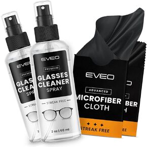 EVEO Glasses Cleaner Spray - Eyeglass Cleaner (No Streaks)| x2 Eye Glass Cleaners Spray + x2 Lens Cleaner Microfiber Cleaning Cloth, Glasses Cleaning Kit Eye Glasses Cleaner Spray & Cloth - 4oz(2ozx2)