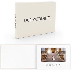 حفل زفافنا - Gold Foil Luxury Linen Bound Book Video Book Album حتى 2.5 ساعة من الفيديو ، عرض 7 بوصات ، 4 جيجابايت من الذاكرة والبطارية القابلة لإعادة الشحن (زواجنا) ، أبيض