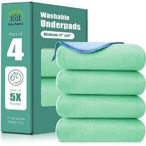 Cosy Family Waterproof Washable Underpads, 34" x 36" - Heavy Absorbency Reusable Bedwetting Incontinence Pads for Adults, Elderly and Pets - Protective Pad, Blue and Green, (Pack of 4)