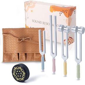 Tuning Forks for Healing Set, Including Four Frequency 128Hz, 136.1Hz, 174Hz, 528Hz Yoga and Meditation Accessories, Chakra Sound Therapy Instruments with Tuning Fork Activator and Vegan Leather Pouch