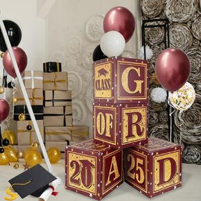 2025 زخارف التخرج من فئة الأرجواني والذهبي من 2025 صناديق بالون ديكور مع "Grad" و "Class of 2025" مربعات التخرج لإعلانات المدارس الثانوية والكلية خريج