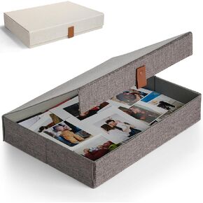 ZICOTO Decorative Photo Storage Box with Lid - A Beautiful Linen Organizer Perfect to Safely Store Your Pictures, Documents, Scrapbooking Supplies, Keepsakes and Other Memories in Style