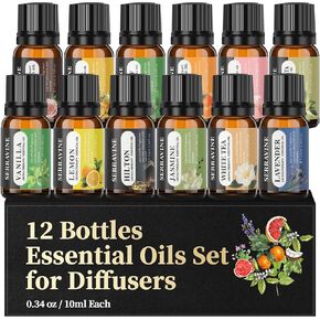 Natural Essential Oils Set, 12 Best Aromatherapy Diffuser Oils with Gift Box & Bag, Essential Oil for Diffusers for Home, Lavender,Lemon,Orange,Vanilla,Jasmine,Rose, Peppermint, White Tea, Freesia