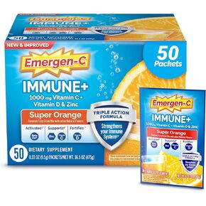 Emergen-C Immune+ Triple Action Immune Support Powder, BetaVia (R), 1000mg Vitamin C, B Vitamins, Vitamin D and Antioxidants, Super Orange – 50 Count