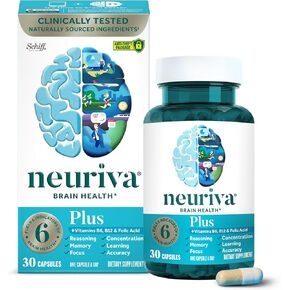 NEURIVA Plus Brain Supplement for Memory and Focus Clinically Tested Nootropics for Concentration for Mental Clarity, Cognitive Enhancement Vitamins B6, B12, Phosphatidylserine 30 Capsules