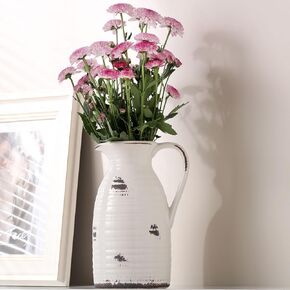 hjn Farmhouse Pitcher Vase for Flowers- Ceramic Pitcher White Flower Vase for Your Kitchen/Home Decor/Office/Living Room/Bookshelf/Mantel/-White
