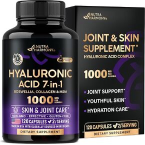 Hyaluronic Acid Supplements 1000 mg - Skin & Joint Hydration, Joint Discomfort Relief - 7-in-1 with Collagen, MSM, Boswellia & Vitamins - Hyaluronic Acid Capsules, Pills - Made in USA - 120 Capsules
